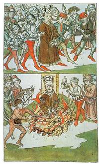 Joan Hus surtara eramaten eta erretzen, XV. mendeko ilustrazio batean.<br><br>